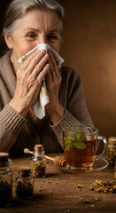 Senior woman with a runny nose holding a handkerchief and drinking healing herbal tea. Flu season. Cold and sickness.