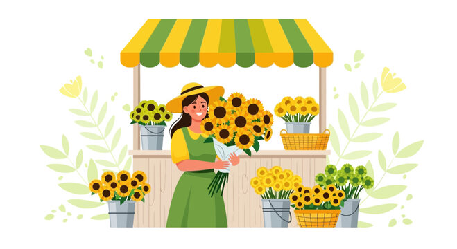 Smiling Florist Selling Vivid Sunflowers At Her Cheerful Flower Shop Stand - Powered by Adobe