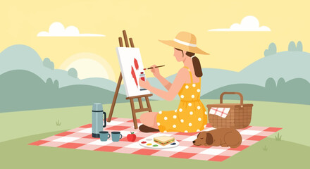 Fototapeta premium Relaxed Woman Painting Outdoors With A Dog, Picnic, And Beautiful Scenery
