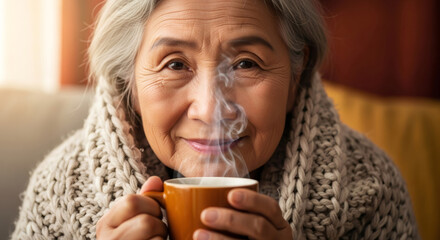 Asian senior woman wrapped in warm blanket, holding hot cup with steam. Illness and cold concept. Home treatment for flu.
