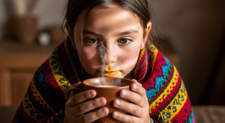 Little girl drinking hot tea from mug. Kid has cold. Flu treatment. Home remedy for sickness. Warm drink for cough.