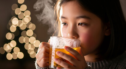 Asian child drinking hot tea. Little girl holds cup with medicinal infusion. Illness, cold, flu, sickness concept. Cure for disease.