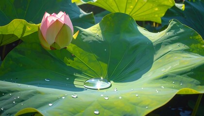 A delicate pink lotus bud rests gracefully on a large, vibrant green leaf, glistening with morning dew drops.