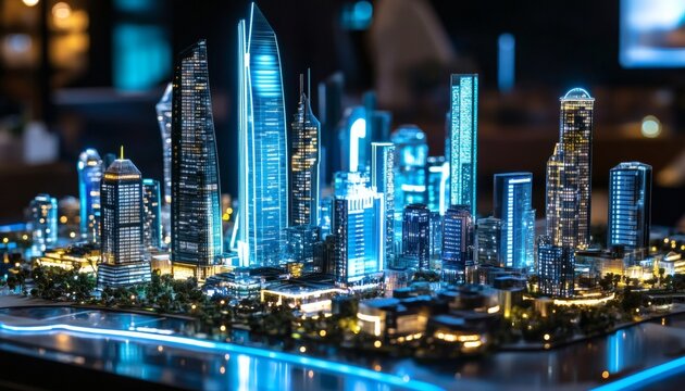 A detailed model of a city at night showcases illuminated skyscrapers, roads, and other urban features, all meticulously arranged.
