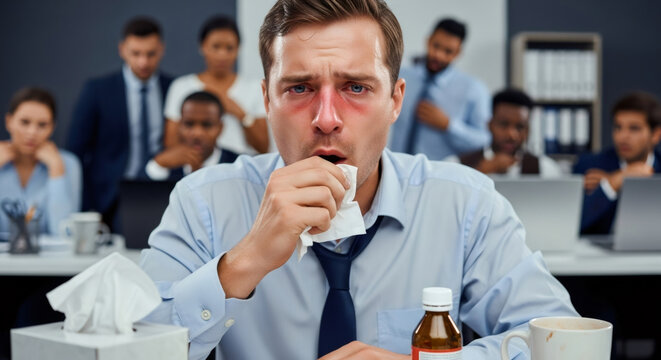 Caucasian man sick at work sneezing and coughing. Colleagues worry about illness spread. Flu season and cold weather. - Powered by Adobe