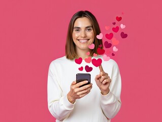 Woman touching virtual hearts from smartphone on pink background