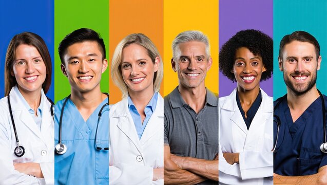 Diverse healthcare professionals smiling against colorful backgrounds