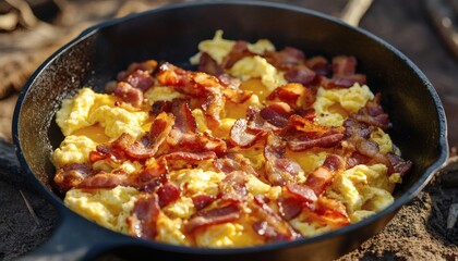 A cast iron skillet contains scrambled eggs and crispy bacon; the food is cooked and ready to be eaten.