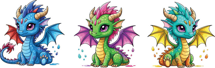 Cute baby dragon cartoon characters set, colorful fantasy creatures with wings, horns and scales, adorable mythical animal illustration vector for kids design