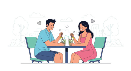 Romantic Couple Enjoying Refreshing Drinks Together During Date Outline Illustration