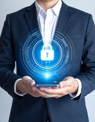 Business-themed digital composition featuring a person holding a smartphone presenting a glowing digital lock icon symbolizing cybersecurity, data protection, and secure mobile technology.