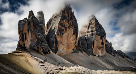 Majestic Tre Cime di Lavaredo Dolomites Peaks Against Dramatic Sky Beckon Adventure Seekers and Nature Lovers to Explore Rugged Beauty and Tranquility