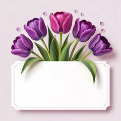 Elegant Floral Arrangement with Tulips and a Blank Frame on a Soft Pink Background for a Touch of Spring