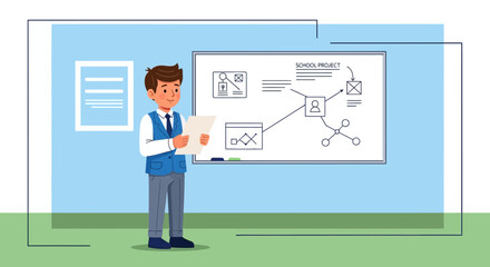 Fototapeta premium School Project Presentation: A Student Explaining a Plan Detailed on a Whiteboard