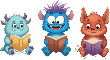 Cute cartoon monsters reading books, funny colorful fantasy creatures sitting with storybooks, children education learning illustration vector for kids design