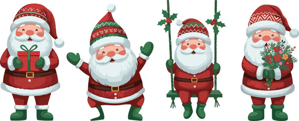 Cute cartoon Santa Claus illustration set with Christmas gift, holiday swing, floral bouquet, festive character design for decoration, greeting cards, stickers and artwork