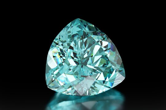 Big green blue paraiba tourmaline, trillion cut faceted gemstone on black background