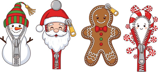 Cute Christmas zipper style vector illustration collection with snowman, Santa Claus, gingerbread man, candy cane, festive holiday cartoon elements, winter decoration art