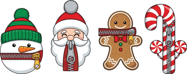 Cute Christmas zipper style vector illustration set with snowman, Santa Claus, gingerbread man, candy cane, holiday decoration, festive cartoon design elements