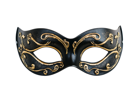 Elegant black ornate venetian masquerade mask with gold scrollwork isolated on transparent background