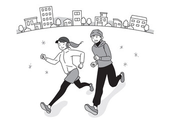 女性と男性が笑顔で街なかを走っている　健康　運動