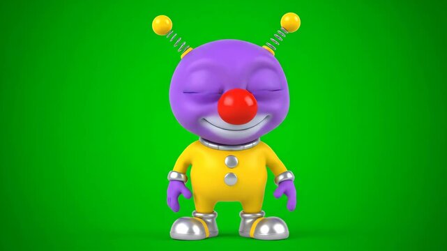 Cartoon Alien Winking on Green Screen - A friendly cartoon alien with purple skin, a red clown nose, and yellow suit winks at the viewer.