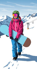 Illustration of a woman with a snowboard in the mountains