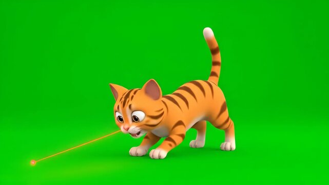 Cartoon Cat Chasing Laser Pointer on Green Screen - A cartoon orange striped cat is hunting a red laser pointer dot. The background is a bright green chroma key for easy video editing.