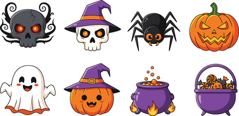 Halloween cartoon icons collection with skull, witch hat, pumpkin, spider, ghost, cauldron, candy basket, spooky decorations for party and celebration design