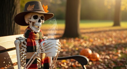 A cheerful skeleton in a hat enjoys a warm drink in an autumn park setting.