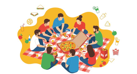 Fototapeta premium Sharing Pizza Outdoors: Friends Gather, Enjoy Food, and Bond on Vibrant Picnic Blanket