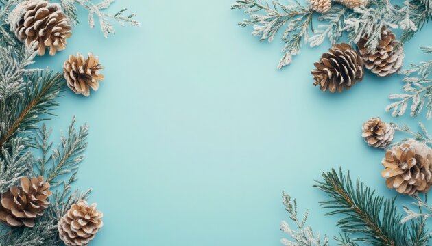 The image shows several pine cones and evergreen branches dusted with artificial snow arranged on a pale blue background.