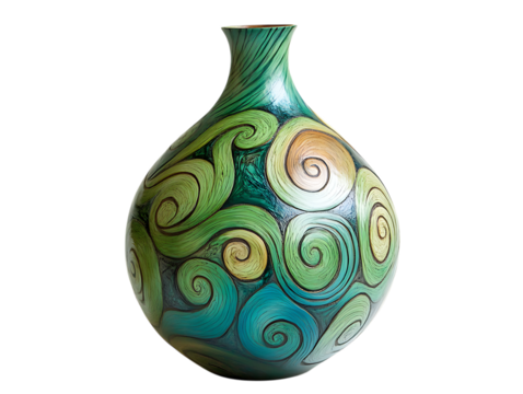 Decorative ceramic vase with swirling green and blue artistic patterns isolated on transparent background
