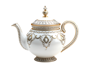 Elegant antique porcelain teapot with ornate gold and blue decorative patterns isolated on transparent background