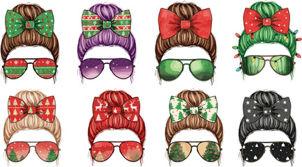 Trendy Christmas hairstyle girl illustration with messy bun, festive bow, holiday sunglasses, fashionable Christmas character design for winter fashion, stickers, cards and decoration artwork