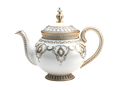 Elegant antique porcelain teapot with ornate gold and blue decorative patterns isolated on transparent background