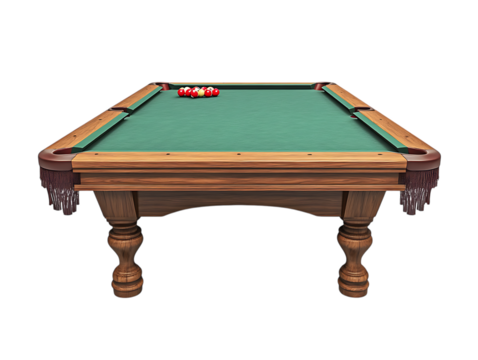 Classic wooden pool table with colorful balls arranged on green felt isolated on transparent background