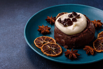 Cinnamon roll, a sweet bun with citrus, cherries, and chocolate, a Danish dessert with cream