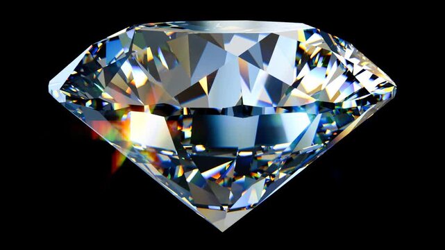 Big round brilliant cut diamond rotating on black background. Seamless loop 3D animation