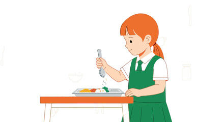 Student Serving Her Food, Smiling and Enjoying Lunchtime During Her School Day Happy