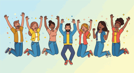 Obraz premium Happy Friends Jumping Together in Celebration