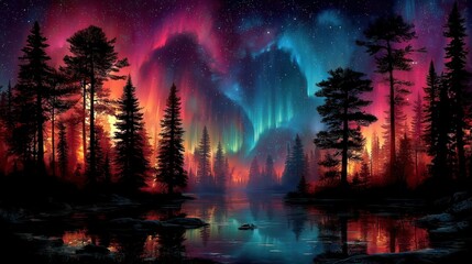 Vibrant night sky with colorful northern lights and silhouetted trees.