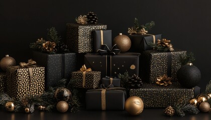 A collection of black and gold wrapped presents sits on a dark surface, decorated with pine branches and metallic ornaments.