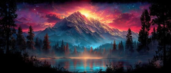 Vibrant mountain landscape reflecting in a serene lake at sunset.