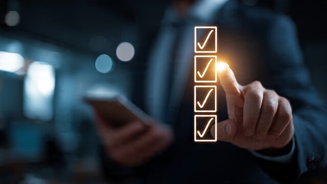 Businessman interacting with holographic digital checklist interface in modern office environment close-up view of innovative technology concept