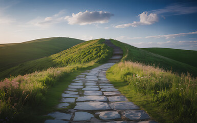 Picturesque Stone Path Ascending Green Hills Under a Bright Blue Sky Beckoning Exploration and Tranquility in Nature