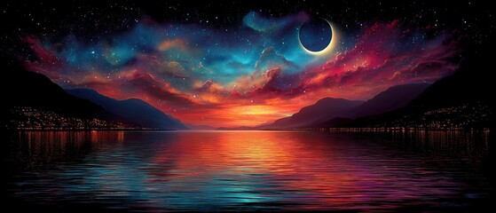 Vibrant sunset reflecting on a serene lake under a starry sky.