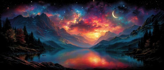 Vibrant landscape with mountains and a colorful lake at sunset.