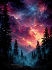 Vibrant cosmic landscape with trees silhouetted against a colorful sky.