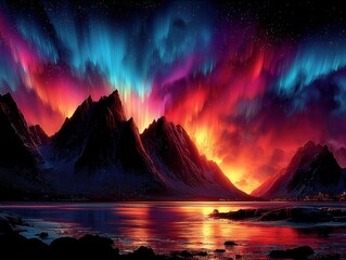 Vibrant sunset with mountains and auroras reflecting on water.